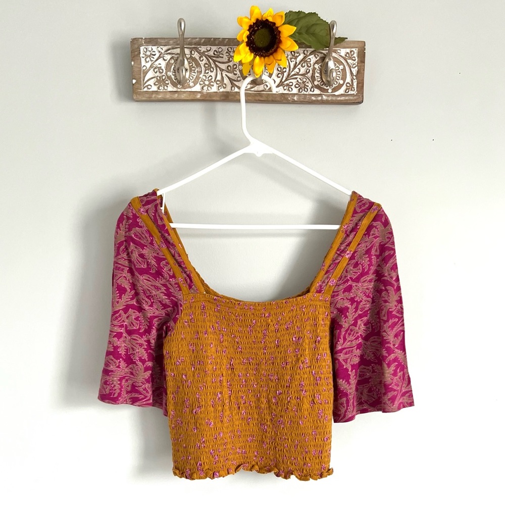 FREE PEOPLE Marigold Top - Size Small-Golden Floral Smocked Boho Crop Blouse-NWT - Picture 3 of 16
